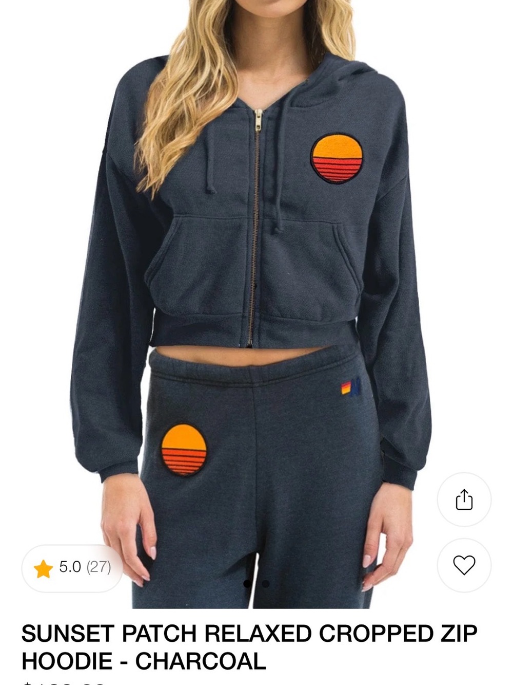 Aviator Nation - NWOT - Sunset Patch Cropped Zip Hoodie in Charcoal XS